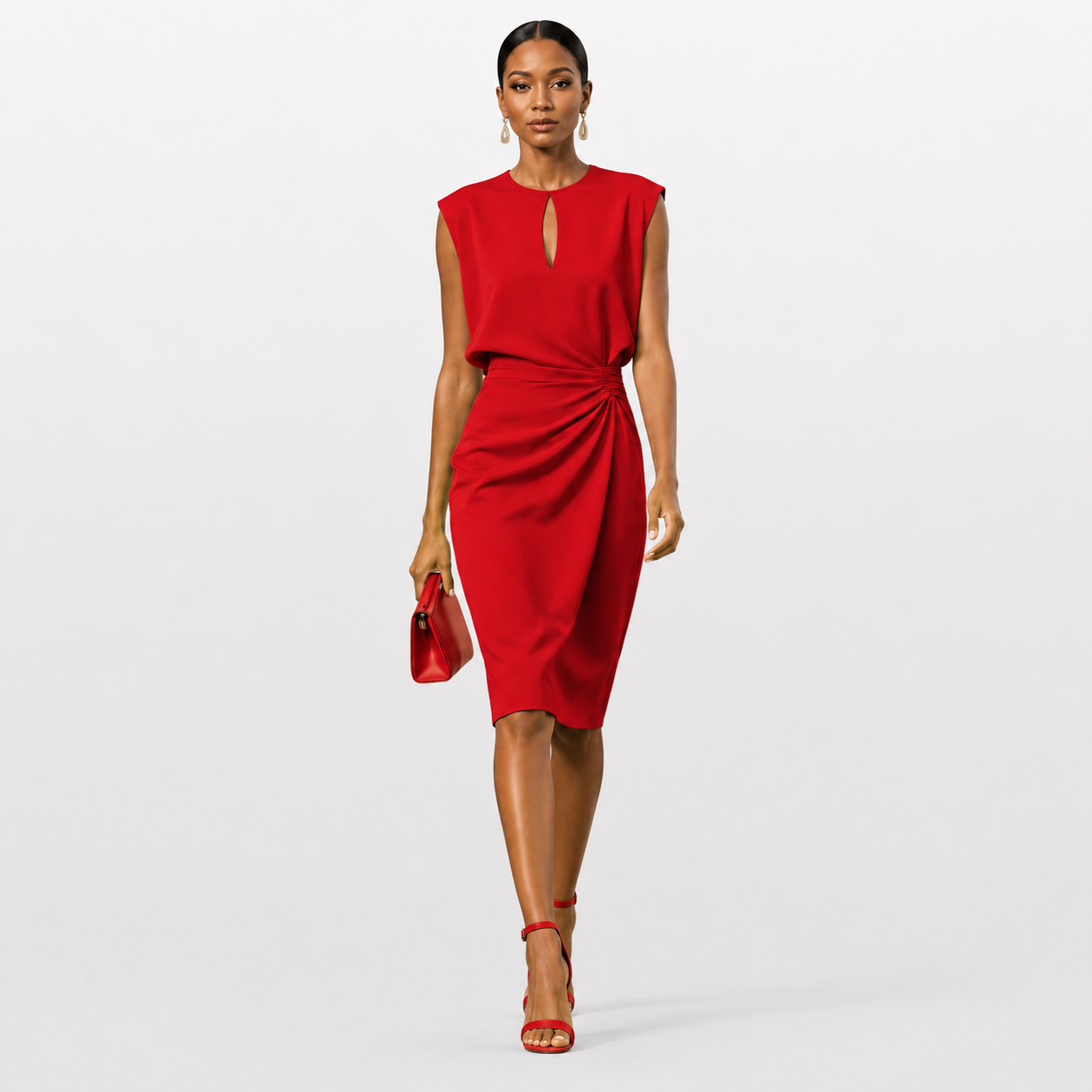 Woman wearing a red dress on a light gray background