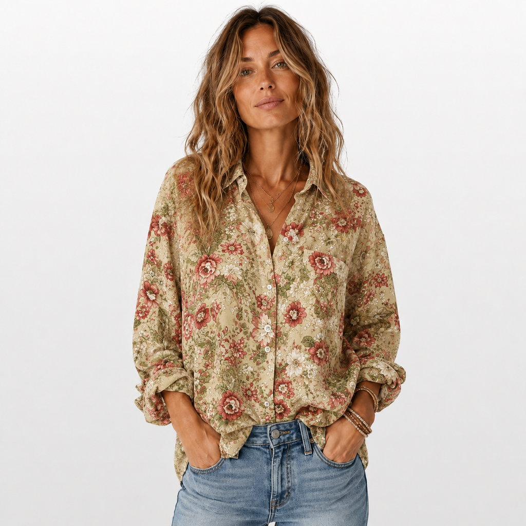 Woman wearing a floral blouse and jeans on a white background