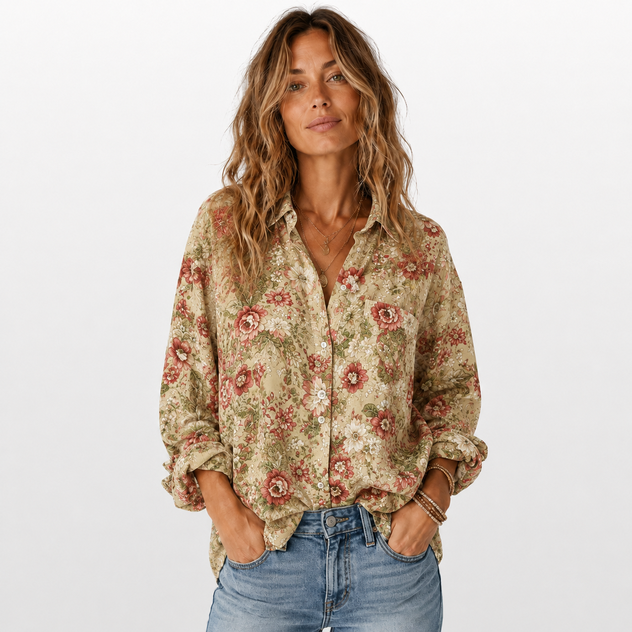 Woman wearing a floral blouse and jeans on a white background