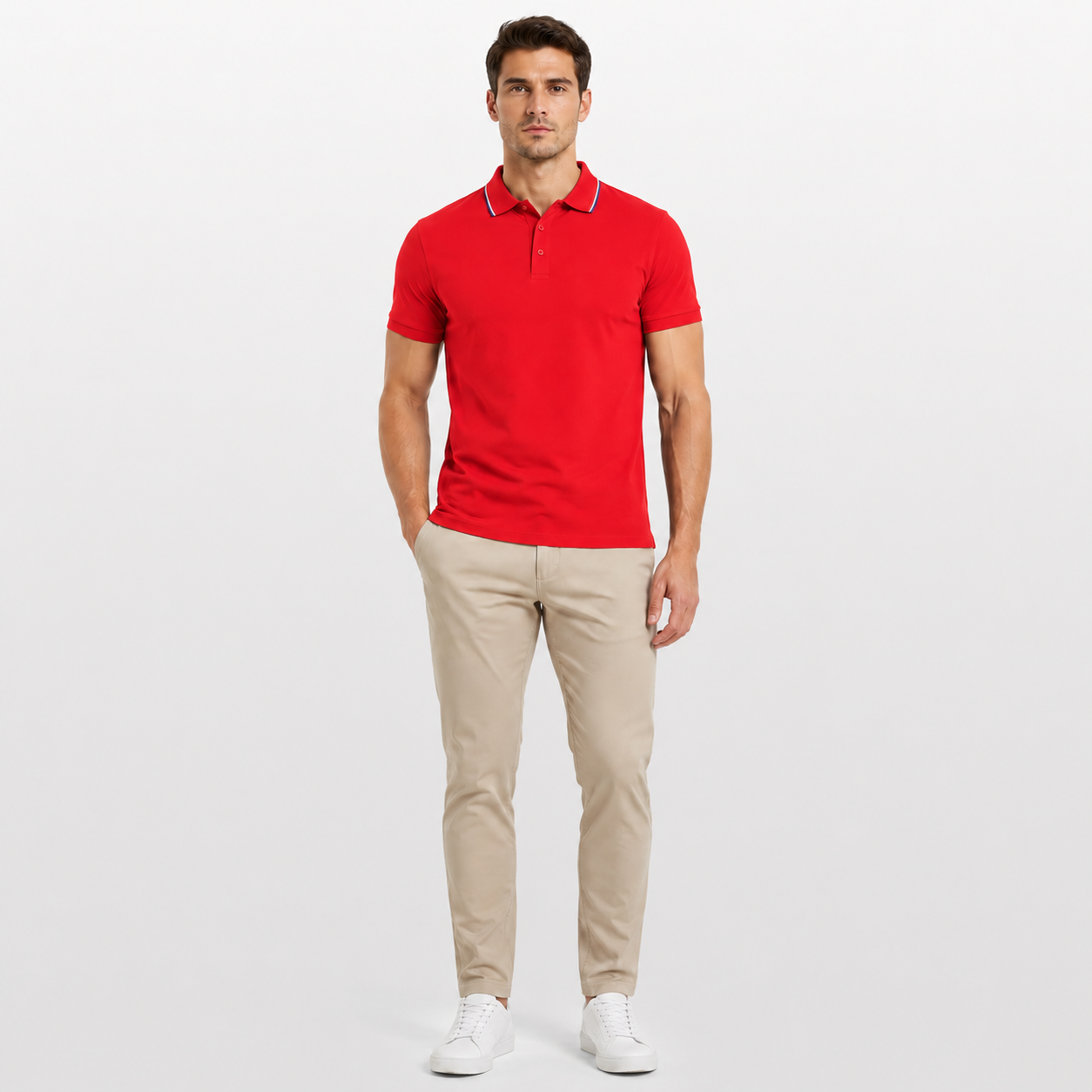Man wearing a red polo shirt and beige pants on a white background
