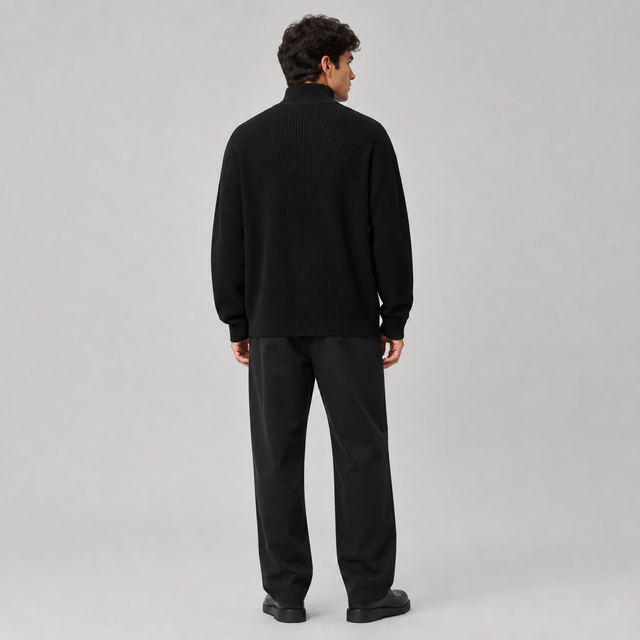 A man viewed from the back wearing a black ribbed mock-neck sweater and black trousers, standing against a light gray studio background.