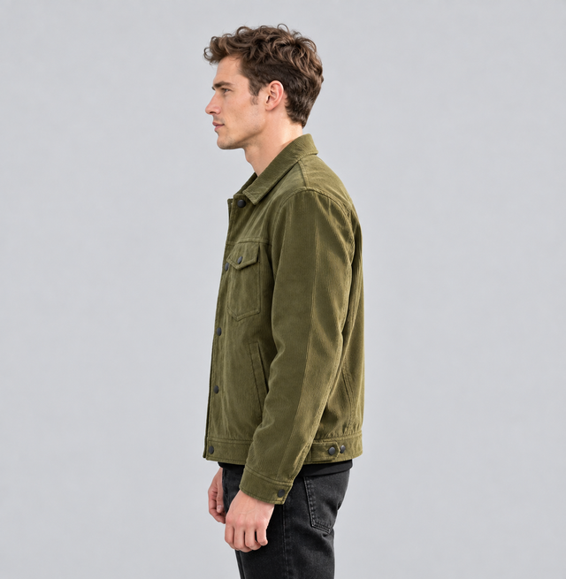 A man in profile wearing an olive green corduroy jacket and black jeans, photographed against a solid light gray studio background.