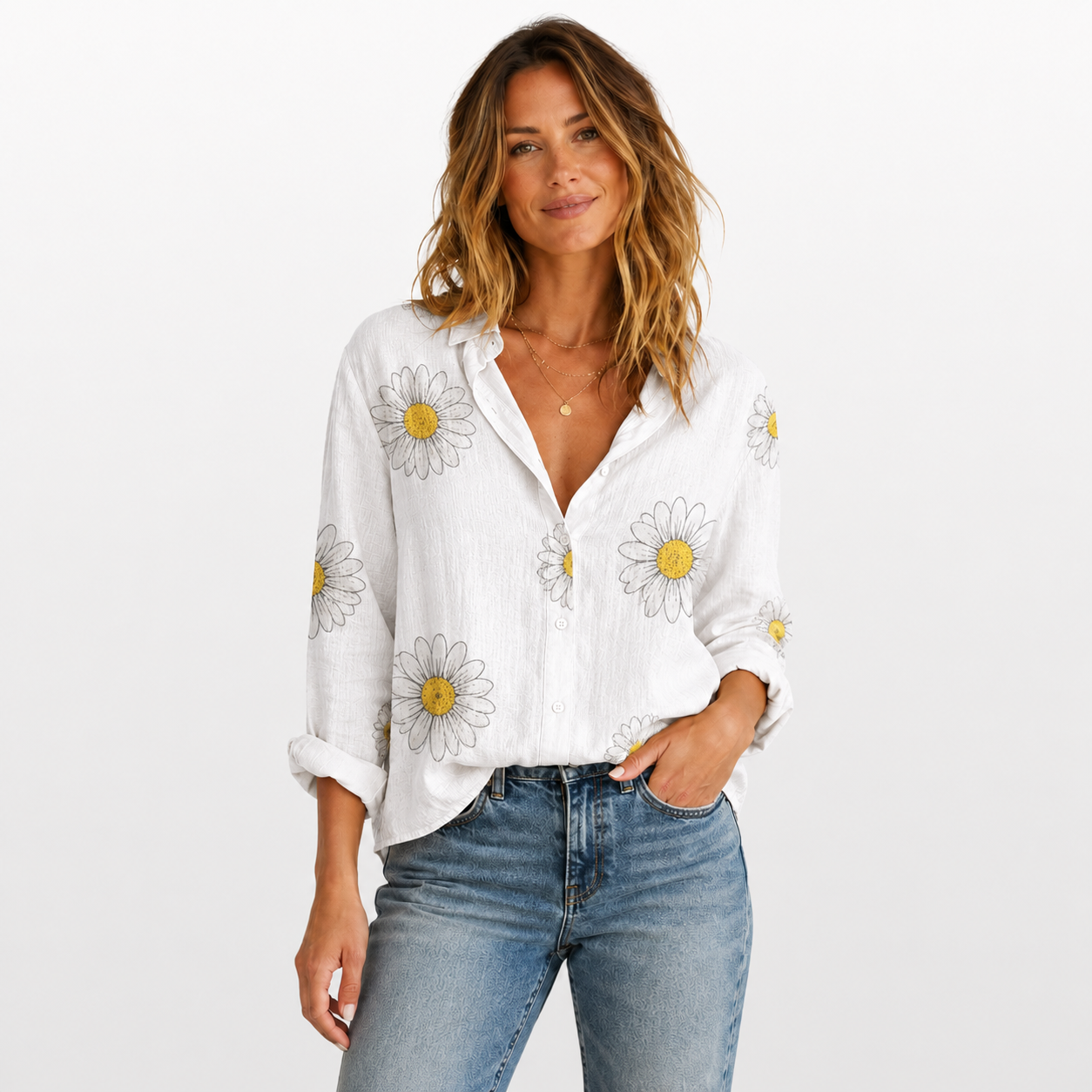 Woman wearing a white blouse with floral patterns and blue jeans on a white background