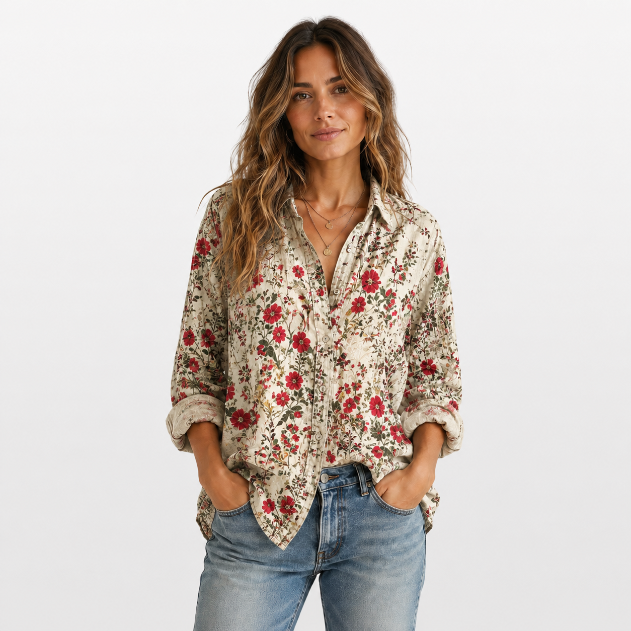 Woman wearing a floral shirt and jeans on a white background