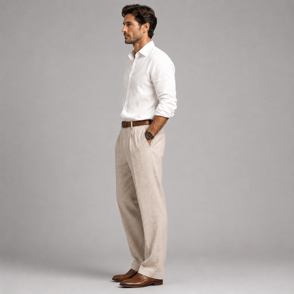 A man in a white long-sleeve button-down shirt and beige linen trousers stands in profile against a neutral gray studio background, wearing a brown leather belt and brown dress shoes.