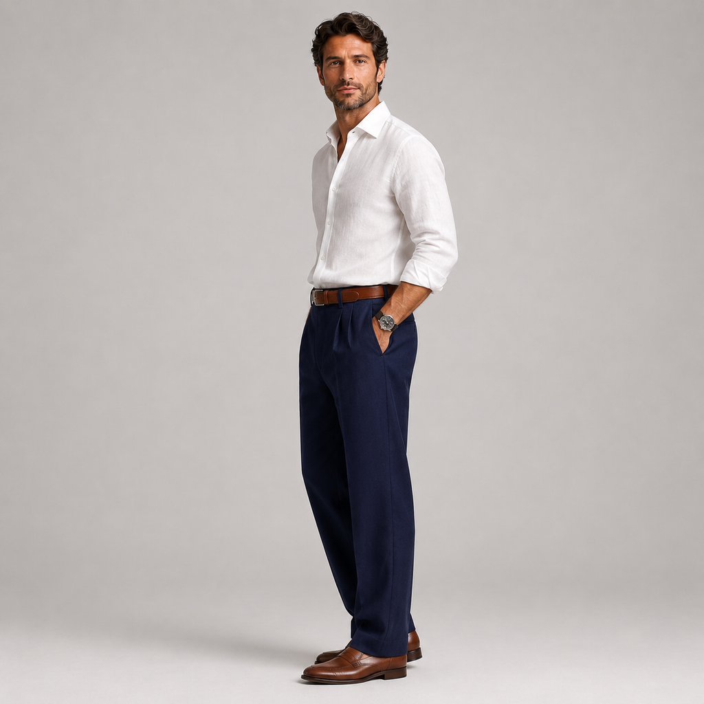 A man modeling a white long-sleeve linen shirt and navy blue trousers, paired with a brown leather belt and brown leather dress shoes, against a neutral gray studio background.