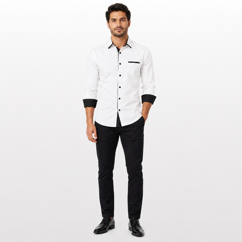Man wearing a white shirt with black accents and black pants on a white background