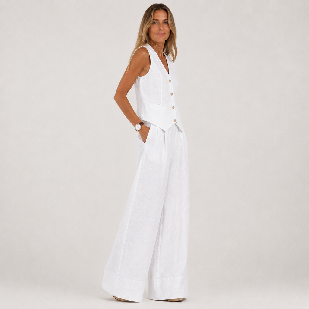 Woman wearing a white sleeveless dress on a plain background